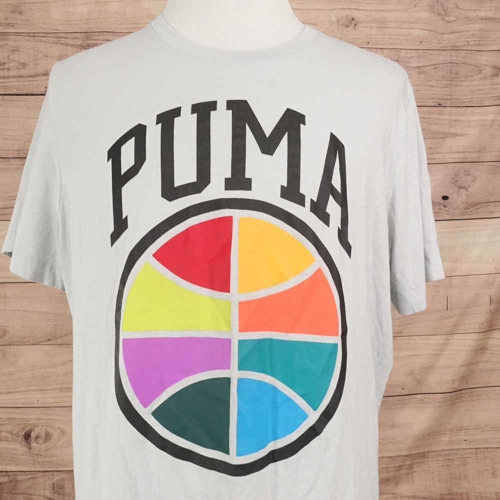 PUMA Shirt Mens XL Gray Colorful Basketball Logo Graphic Sport Tee T-Shirt